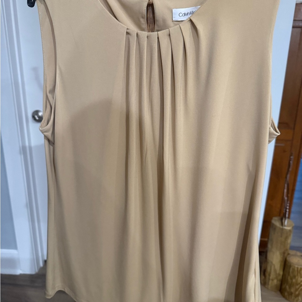 Calvin Klein Cream Pleated Blouse with Tan Color
